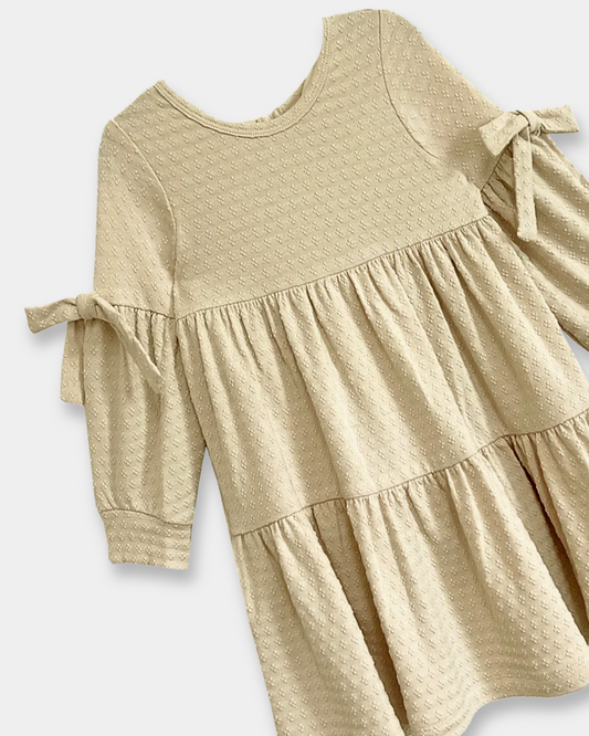 cinnamon sugar baby dress, toddler girl fall dress, boutique girls dress, neutral baby girl outfit, textured knit dress, long sleeve toddler dress, baby shower gift outfit, little girls holiday dress, boutique fall clothing, soft neutral girls fashion, back to school, pre-k clothing