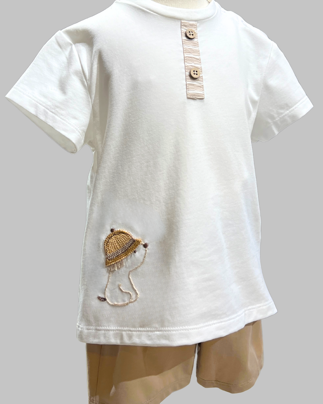2pc White Henley Button Tee w solid Short B