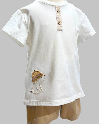 2pc White Henley Button Tee w solid Short B