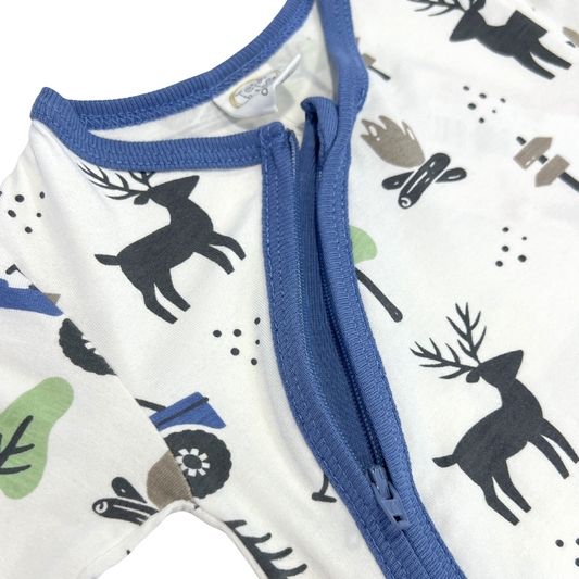 Baby romper with deer pattern and blue trim on a white background