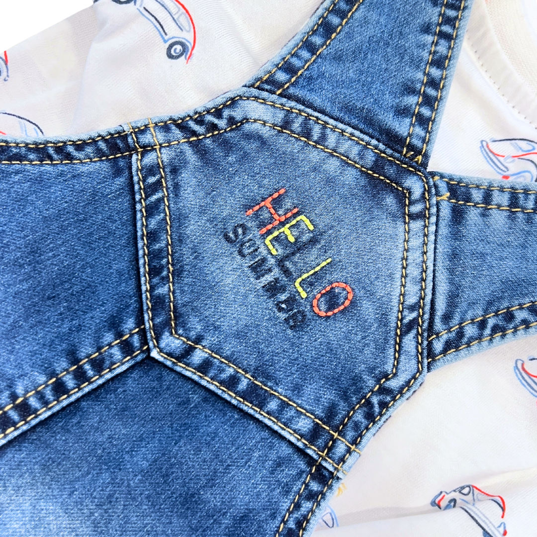 2pc white tee w cars & denim romper