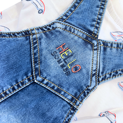 2pc white tee w cars & denim romper