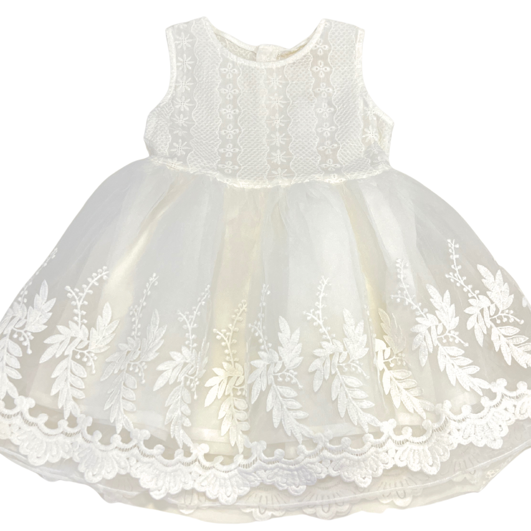 white baby girl dress, lace and tulle occasion dress, flower girl dress, christening baby dress, embroidered infant dress, special occasion baby outfit, baby girl formal wear, sleeveless white toddler dress, baby tulle party dress, boutique baby girl clothing