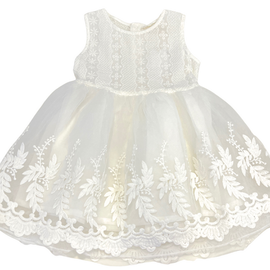 white baby girl dress, lace and tulle occasion dress, flower girl dress, christening baby dress, embroidered infant dress, special occasion baby outfit, baby girl formal wear, sleeveless white toddler dress, baby tulle party dress, boutique baby girl clothing