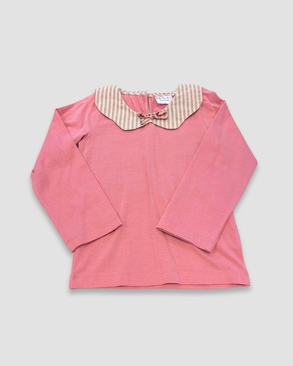 girls pink peter pan collar top, French rose long sleeve shirt, boutique baby girl clothing, Expressions Boutique NY kids fashion, striped collar bow top