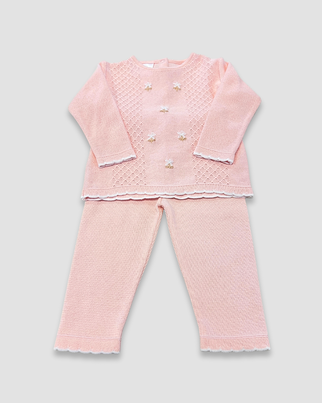 boutique baby knit outfit Expressions Boutique NY, pink embroidered baby sweater set, soft cotton knit baby clothes, floral baby girl outfit delicate trim, heirloom knit two piece baby set breathable cotton