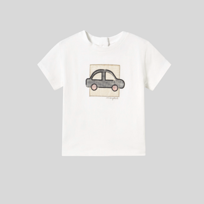 2pc White Tee w Car Applique w Charcoal Shorts
