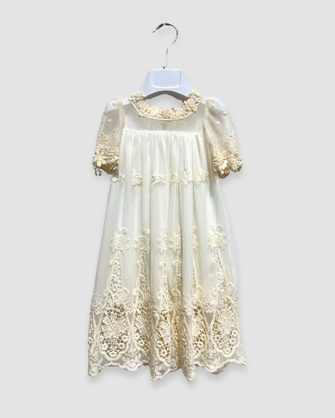 all lace christening dress Expressions Boutique NY, ivory lace baptism gown, embroidered lace baptism dress, baby girl christening outfit Woodbury NY, boutique christening wear Long Island, heirloom lace baptism gown