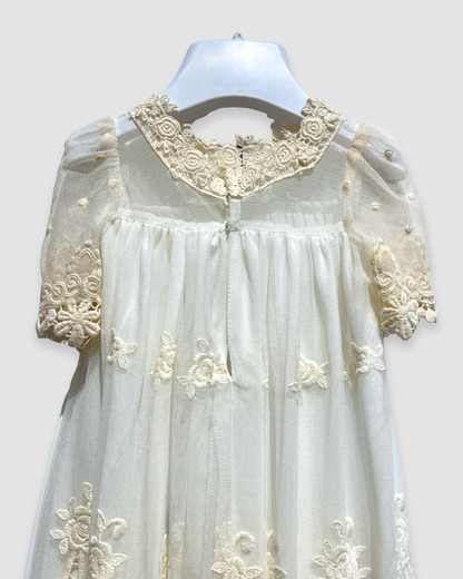 all lace christening dress Expressions Boutique NY, ivory lace baptism gown, embroidered lace baptism dress, baby girl christening outfit Woodbury NY, boutique christening wear Long Island, heirloom lace baptism gown