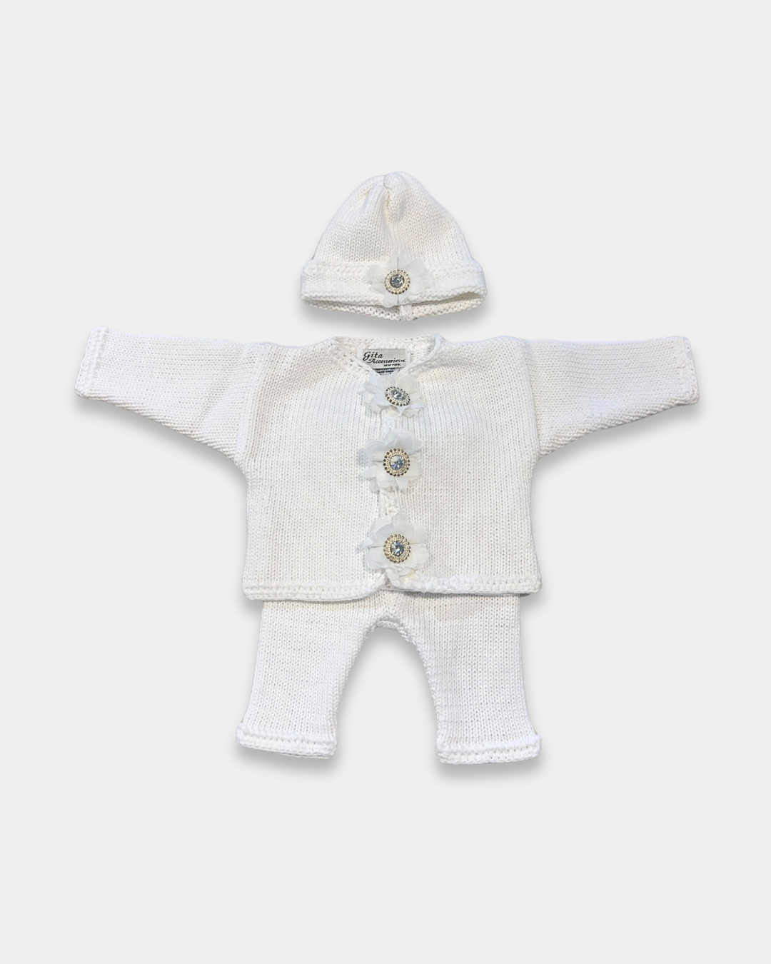 girls white knit cardigan set, boutique baby girl cardigan hat set, toddler girls white crystal sweater, boutique infant girls knitwear Expressions Boutique NY, baby girl christening cardigan set, toddler girls white knit outfit, girls rhinestone button cardigan, boutique knit cardigan with hat girls, baby girl special occasion knitwear, white knit sweater baby girl boutique