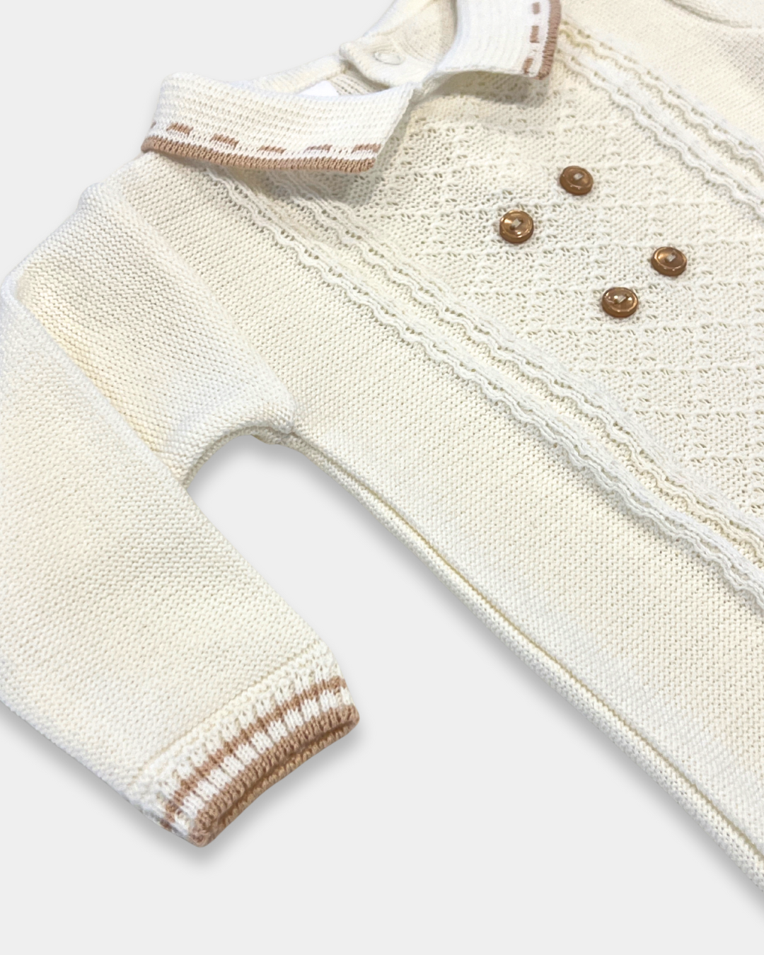 baby boy off white knit romper, cream romper with tan trim, boutique knit baby clothing, baby boy christening romper, newborn heirloom romper, neutral baby knit outfit, baby boy holiday outfit knit, boutique romper boy neutral, classic knit baby clothing, Expressions Boutique NY, Woodbury baby boutique, elegant baby boy romper