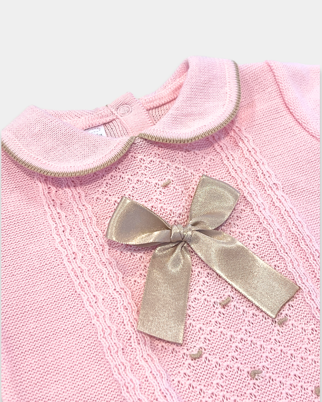 baby girl knit romper, pink knit romper with bow, boutique baby romper, lace front baby romper, baby girl special occasion outfit, knit romper newborn, boutique baby shower gift, elegant baby girl romper, toddler girl knit outfit, Expressions Boutique NY, Woodbury baby boutique, heirloom style baby romper