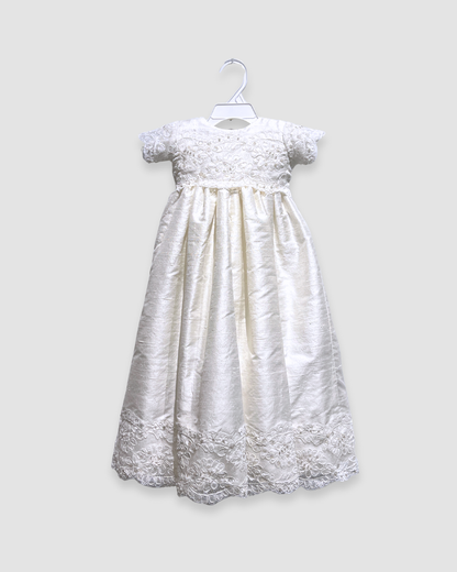 silk christening gown Expressions Boutique NY, lace and beaded baptism dress, pearl and sequin christening outfit, baby girl silk baptism gown Woodbury NY, boutique christening wear Long Island, heirloom silk lace gown