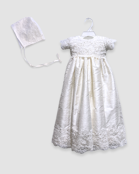 silk christening gown Expressions Boutique NY, lace and beaded baptism dress, pearl and sequin christening outfit, baby girl silk baptism gown Woodbury NY, boutique christening wear Long Island, heirloom silk lace gown
