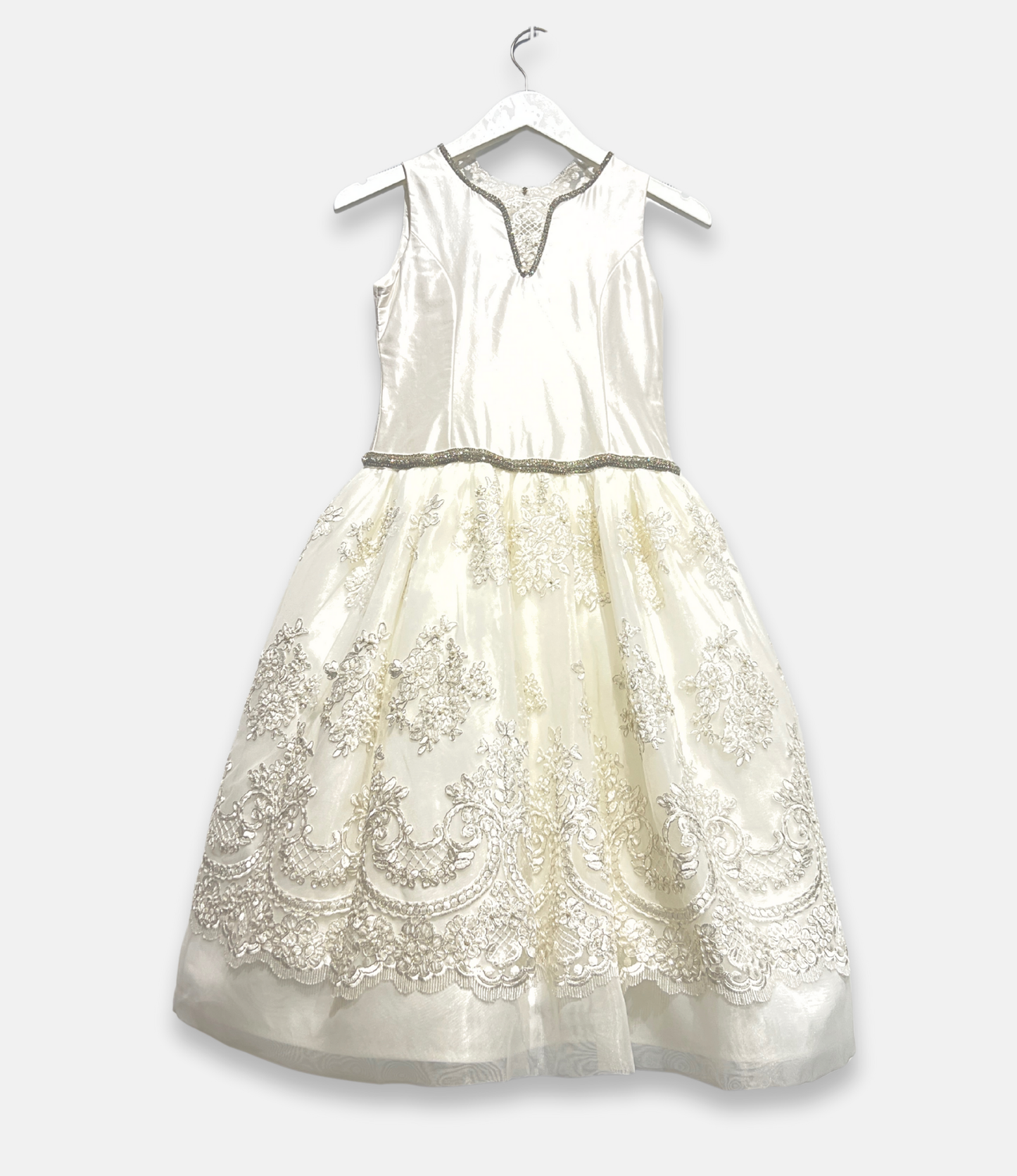 beaded communion dress, ivory satin and tulle dress, boutique girls formal dress, couture communion gown, embroidered lace flower girl dress, white communion bow back dress, luxury girls special occasion dress, Expressions Boutique NY, elegant first communion outfit, girls couture event wear