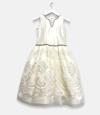 beaded communion dress, ivory satin and tulle dress, boutique girls formal dress, couture communion gown, embroidered lace flower girl dress, white communion bow back dress, luxury girls special occasion dress, Expressions Boutique NY, elegant first communion outfit, girls couture event wear