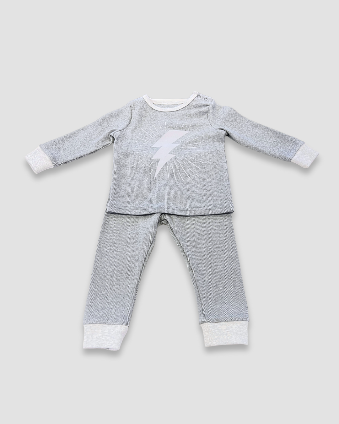 boutique baby boy outfit Expressions Boutique NY, grey lightning bolt two-piece set, ribbed cotton toddler outfit, cozy lounge set for kids, unisex baby clothes neutral grey soft cotton
