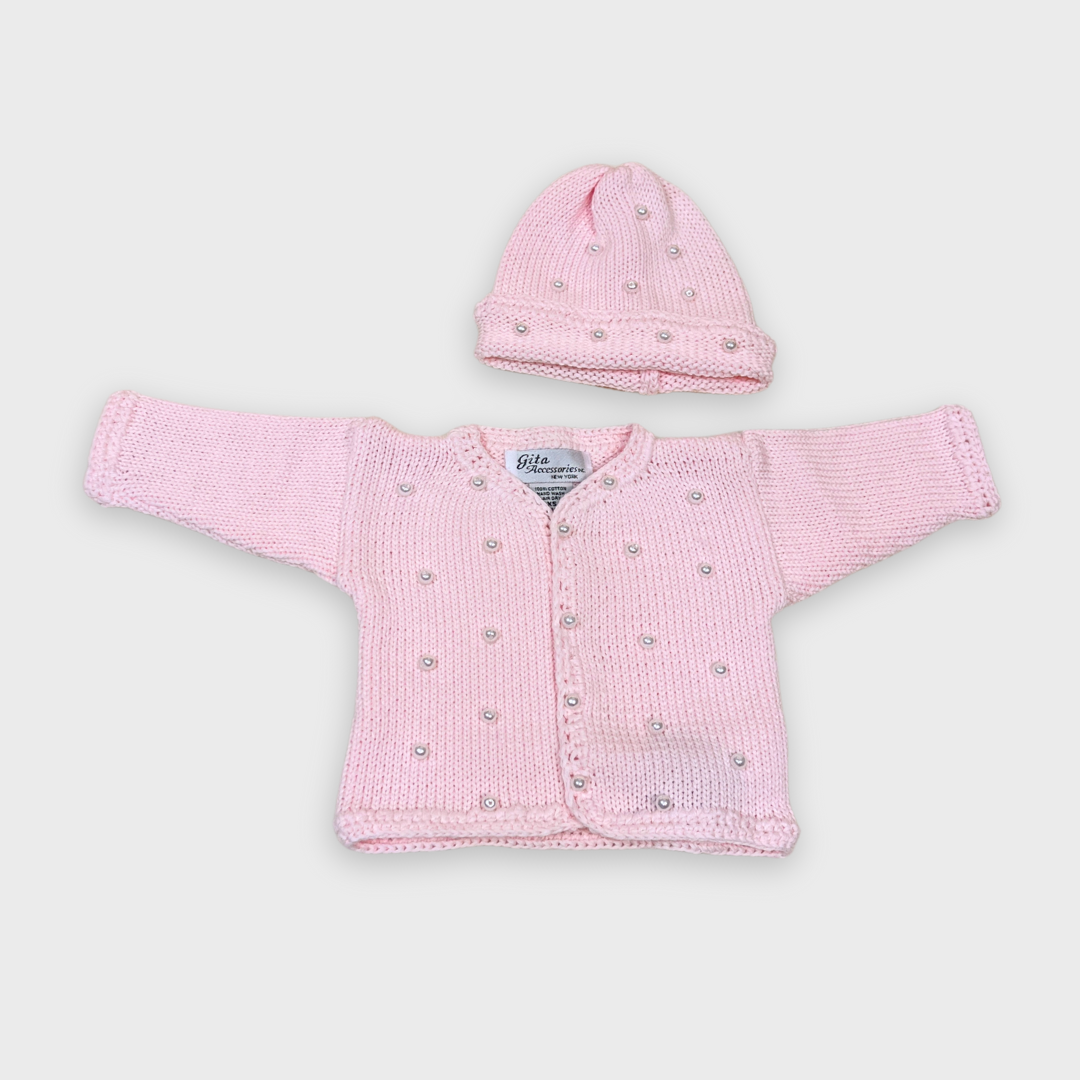 2pc Pink Cotton Sweater w Pearls & Hat