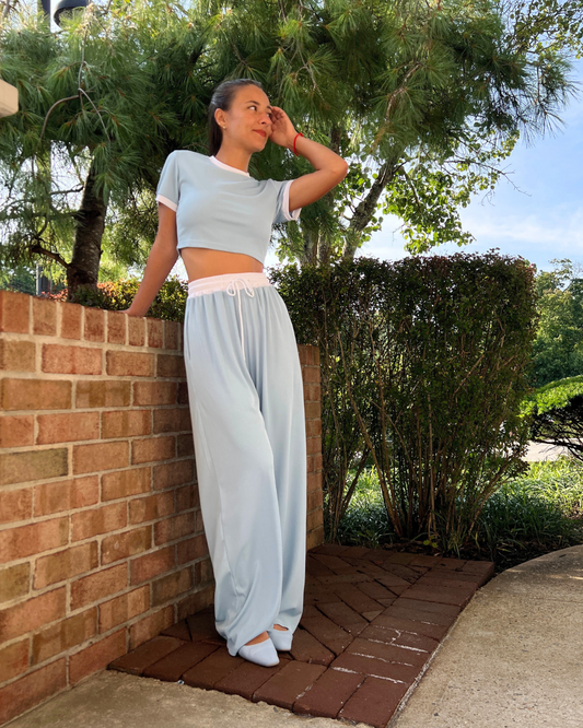 light blue lounge set, 2pc casual outfit, cropped tee and pants set, wide leg drawstring pants, sporty lounge set, boutique casual wear, matching set for women, light blue two piece, comfy chic travel outfit, everyday matching co-ord