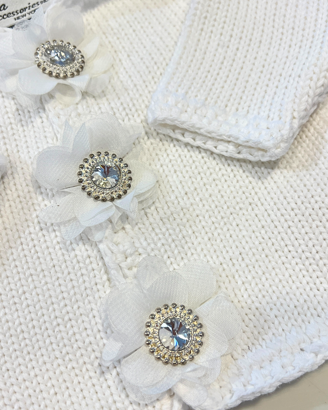 girls white knit cardigan set, boutique baby girl cardigan hat set, toddler girls white crystal sweater, boutique infant girls knitwear Expressions Boutique NY, baby girl christening cardigan set, toddler girls white knit outfit, girls rhinestone button cardigan, boutique knit cardigan with hat girls, baby girl special occasion knitwear, white knit sweater baby girl boutique