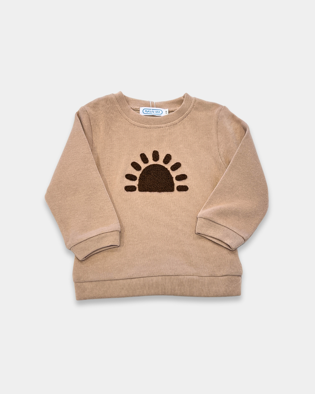 rainbow toddler pant set, beige baby outfit set, sunburst pullover jogger set, neutral kids clothing set, boutique toddler lounge set, unisex baby clothing outfit, cozy baby jogger set, toddler matching top and pants, kids beige rainbow sweatshirt, everyday toddler wear
