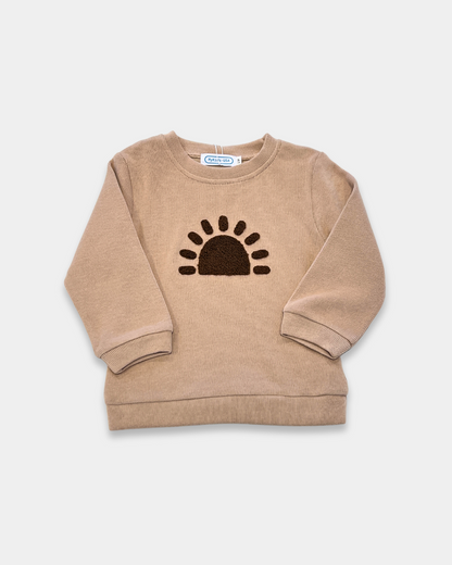 rainbow toddler pant set, beige baby outfit set, sunburst pullover jogger set, neutral kids clothing set, boutique toddler lounge set, unisex baby clothing outfit, cozy baby jogger set, toddler matching top and pants, kids beige rainbow sweatshirt, everyday toddler wear
