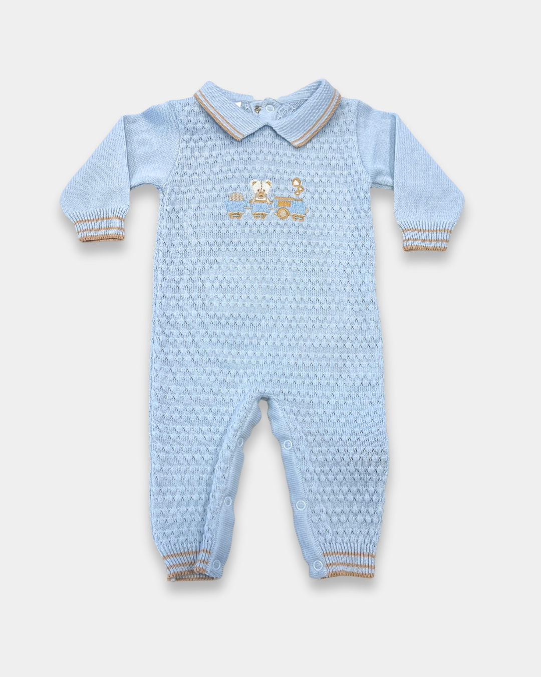 baby boy blue knit romper, light blue romper with bear, embroidered train baby outfit, boutique knit romper boy, baby boy heirloom clothing, baby shower gift blue romper, Expressions Boutique NY, Woodbury baby boutique, classic knit romper with appliqué, newborn knit romper boy, baby boy special occasion outfit, knit romper with embroidery