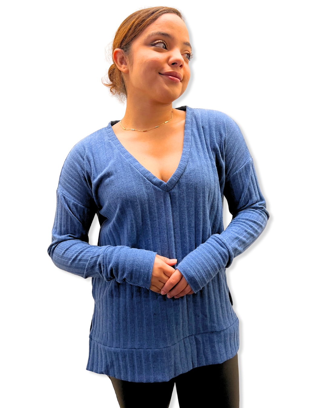 ribbed V-neck top Expressions Boutique NY, women’s long sleeve boutique top, chic rib knit pullover, soft fitted V-neck shirt, versatile winter top