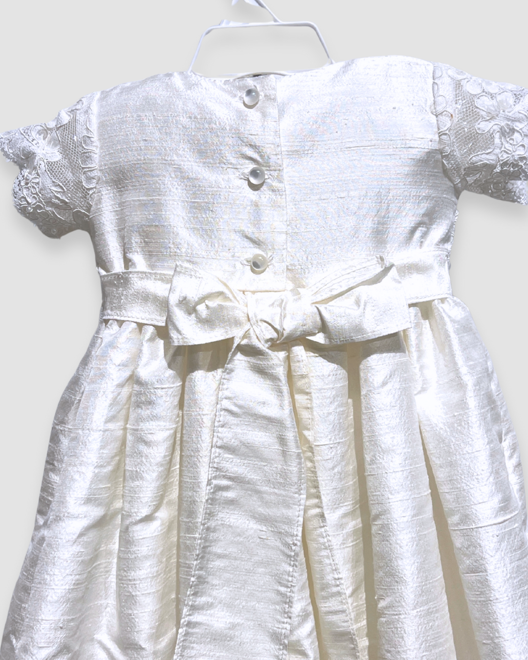 silk christening gown Expressions Boutique NY, lace and beaded baptism dress, pearl and sequin christening outfit, baby girl silk baptism gown Woodbury NY, boutique christening wear Long Island, heirloom silk lace gown