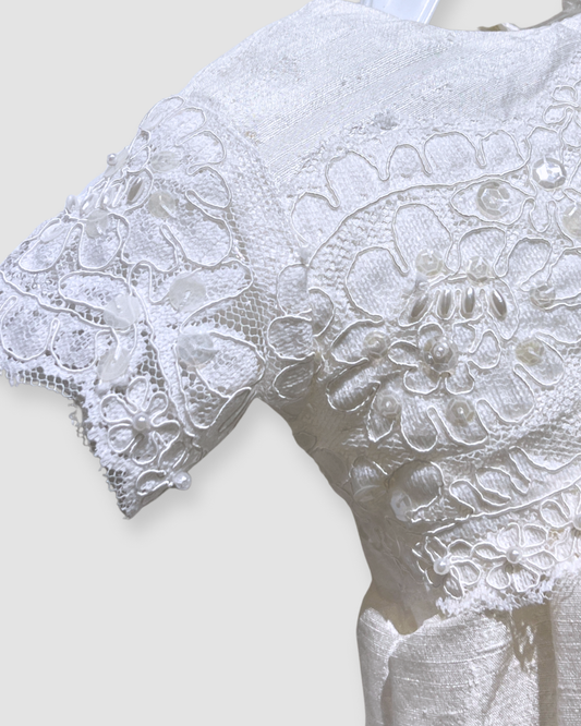 silk christening gown Expressions Boutique NY, lace and beaded baptism dress, pearl and sequin christening outfit, baby girl silk baptism gown Woodbury NY, boutique christening wear Long Island, heirloom silk lace gown