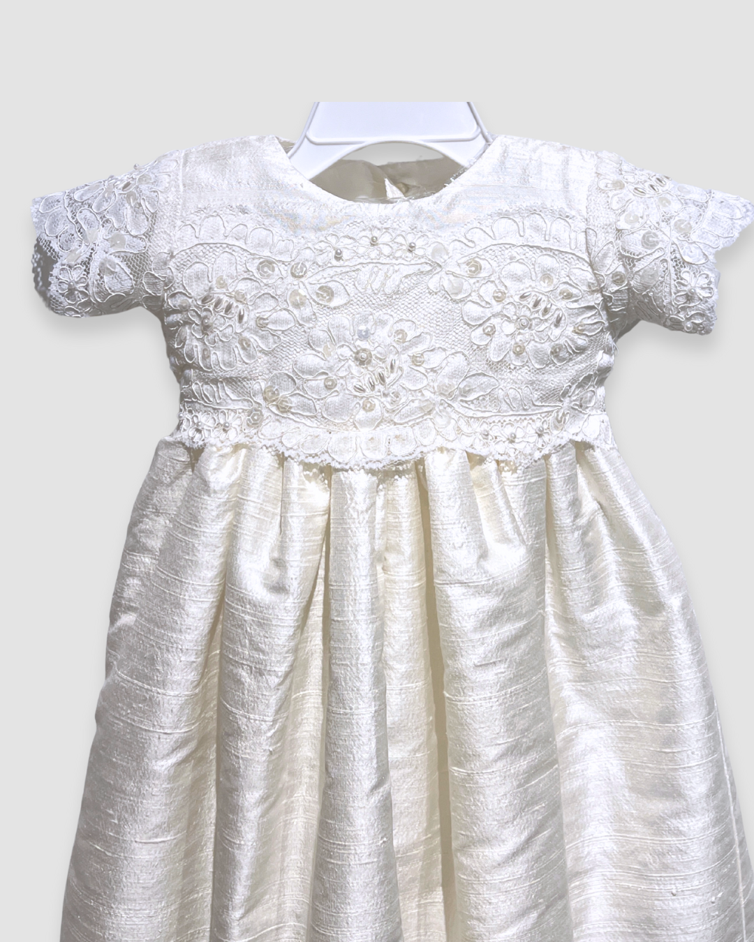 silk christening gown Expressions Boutique NY, lace and beaded baptism dress, pearl and sequin christening outfit, baby girl silk baptism gown Woodbury NY, boutique christening wear Long Island, heirloom silk lace gown