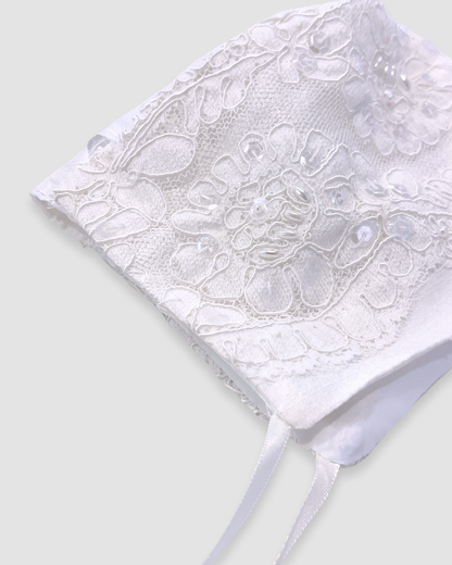 silk christening gown Expressions Boutique NY, lace and beaded baptism dress, pearl and sequin christening outfit, baby girl silk baptism gown Woodbury NY, boutique christening wear Long Island, heirloom silk lace gown