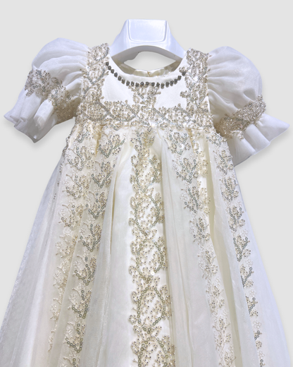 Expressions Boutique NY exclusive beaded sequin gown, ivory tulle communion dress, boutique christening gown soft tulle, sequin lace baptism dress, heirloom ivory formal gown, Expressions Boutique special occasion wear