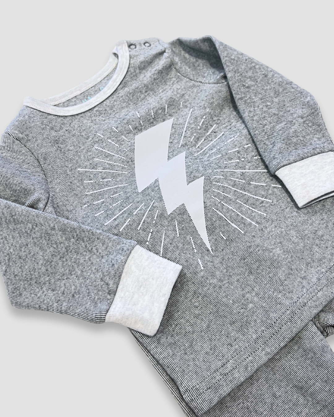 boutique baby boy outfit Expressions Boutique NY, grey lightning bolt two-piece set, ribbed cotton toddler outfit, cozy lounge set for kids, unisex baby clothes neutral grey soft cotton