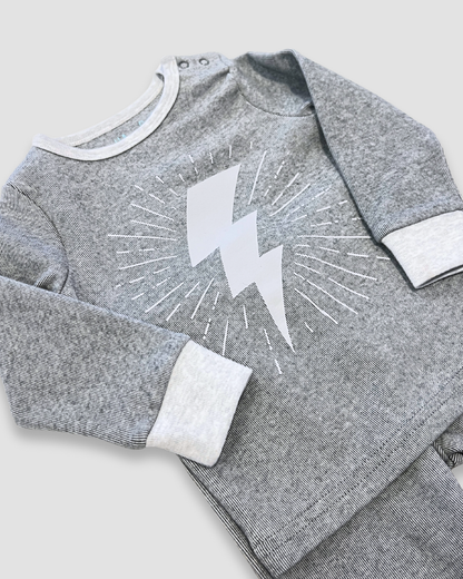 boutique baby boy outfit Expressions Boutique NY, grey lightning bolt two-piece set, ribbed cotton toddler outfit, cozy lounge set for kids, unisex baby clothes neutral grey soft cotton
