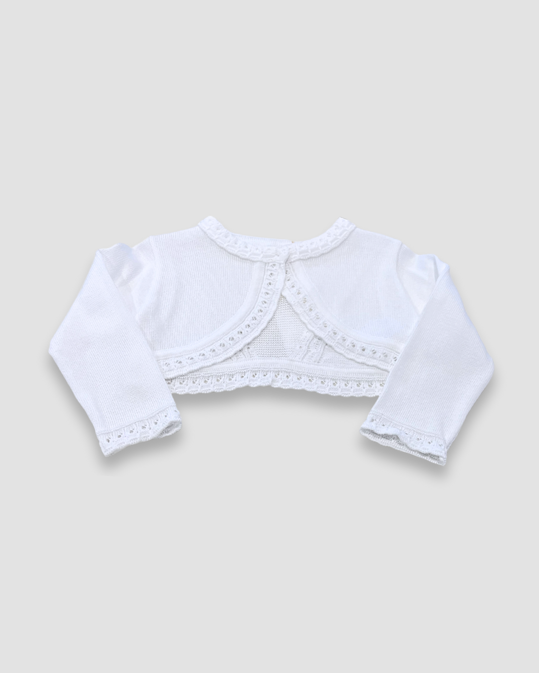 girls knit bolero sweater Expressions Boutique NY, ivory communion cardigan, white crochet trim shrug, elegant baby bolero sweater, boutique special occasion cover-up