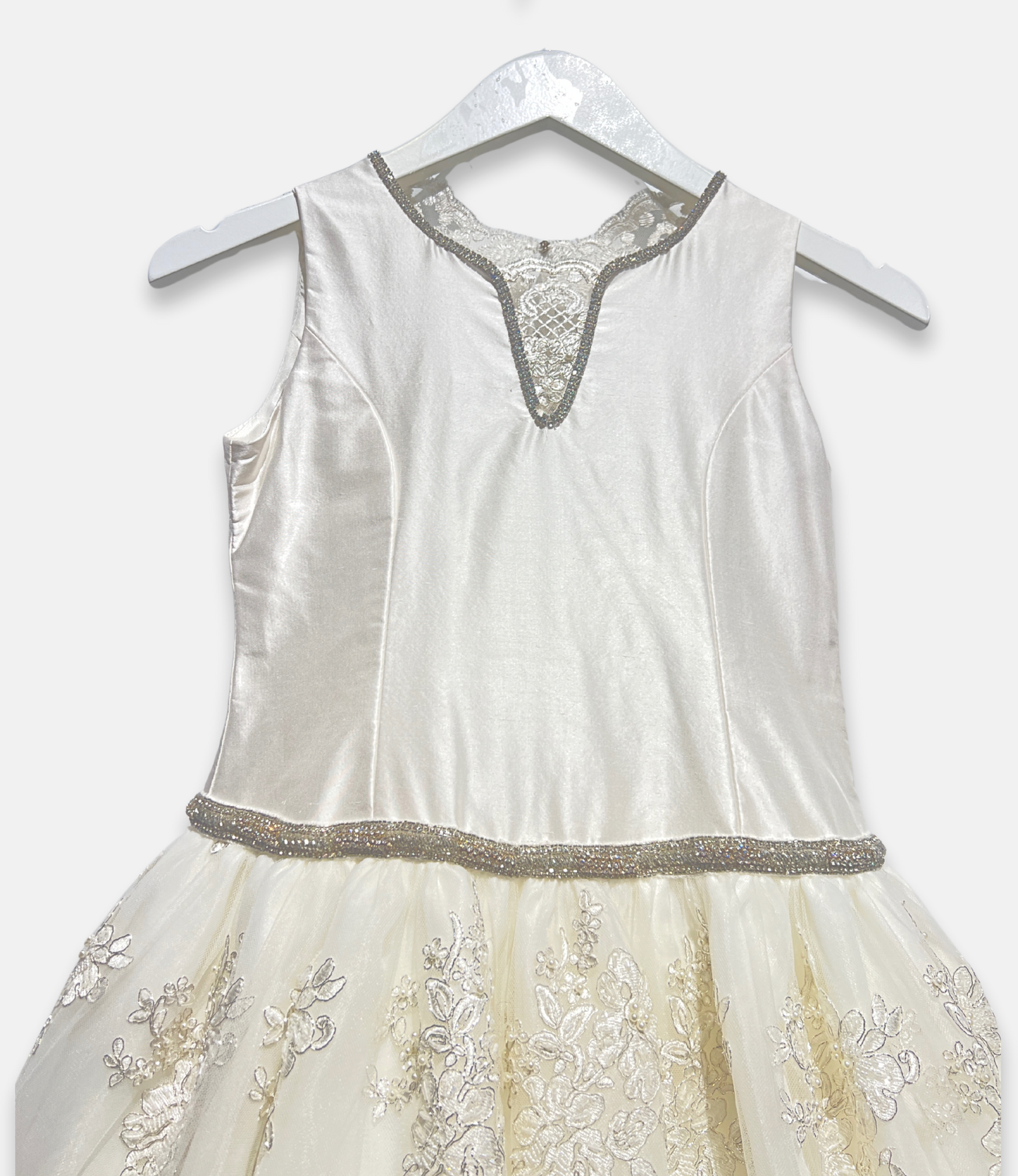 beaded communion dress, ivory satin and tulle dress, boutique girls formal dress, couture communion gown, embroidered lace flower girl dress, white communion bow back dress, luxury girls special occasion dress, Expressions Boutique NY, elegant first communion outfit, girls couture event wear