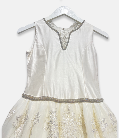 beaded communion dress, ivory satin and tulle dress, boutique girls formal dress, couture communion gown, embroidered lace flower girl dress, white communion bow back dress, luxury girls special occasion dress, Expressions Boutique NY, elegant first communion outfit, girls couture event wear