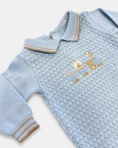 baby boy blue knit romper, light blue romper with bear, embroidered train baby outfit, boutique knit romper boy, baby boy heirloom clothing, baby shower gift blue romper, Expressions Boutique NY, Woodbury baby boutique, classic knit romper with appliqué, newborn knit romper boy, baby boy special occasion outfit, knit romper with embroidery