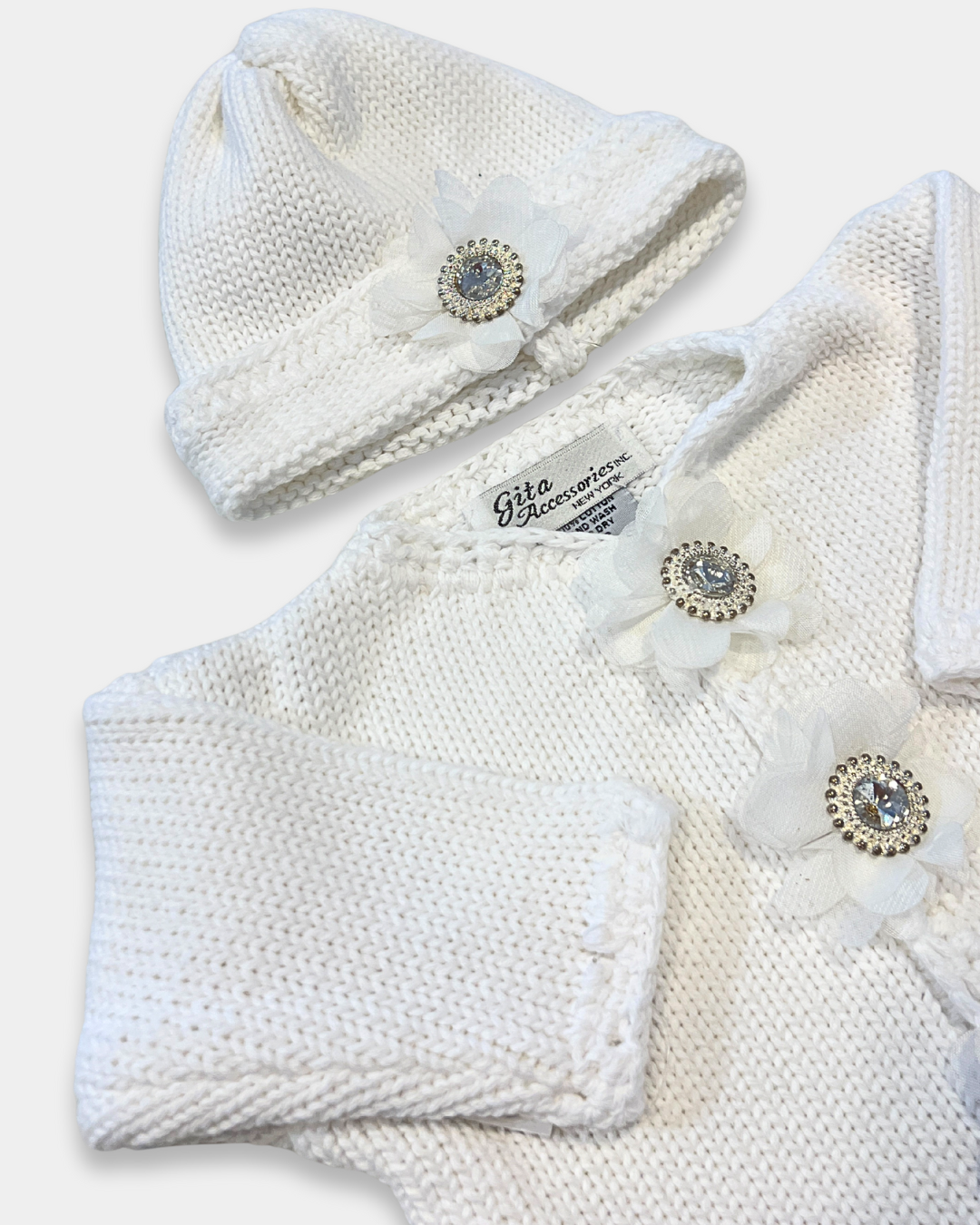 girls white knit cardigan set, boutique baby girl cardigan hat set, toddler girls white crystal sweater, boutique infant girls knitwear Expressions Boutique NY, baby girl christening cardigan set, toddler girls white knit outfit, girls rhinestone button cardigan, boutique knit cardigan with hat girls, baby girl special occasion knitwear, white knit sweater baby girl boutique