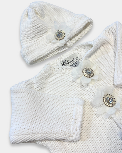 girls white knit cardigan set, boutique baby girl cardigan hat set, toddler girls white crystal sweater, boutique infant girls knitwear Expressions Boutique NY, baby girl christening cardigan set, toddler girls white knit outfit, girls rhinestone button cardigan, boutique knit cardigan with hat girls, baby girl special occasion knitwear, white knit sweater baby girl boutique