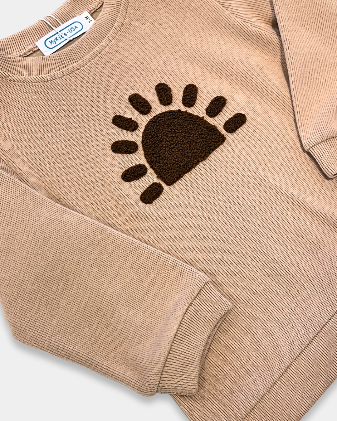 rainbow toddler pant set, beige baby outfit set, sunburst pullover jogger set, neutral kids clothing set, boutique toddler lounge set, unisex baby clothing outfit, cozy baby jogger set, toddler matching top and pants, kids beige rainbow sweatshirt, everyday toddler wear
