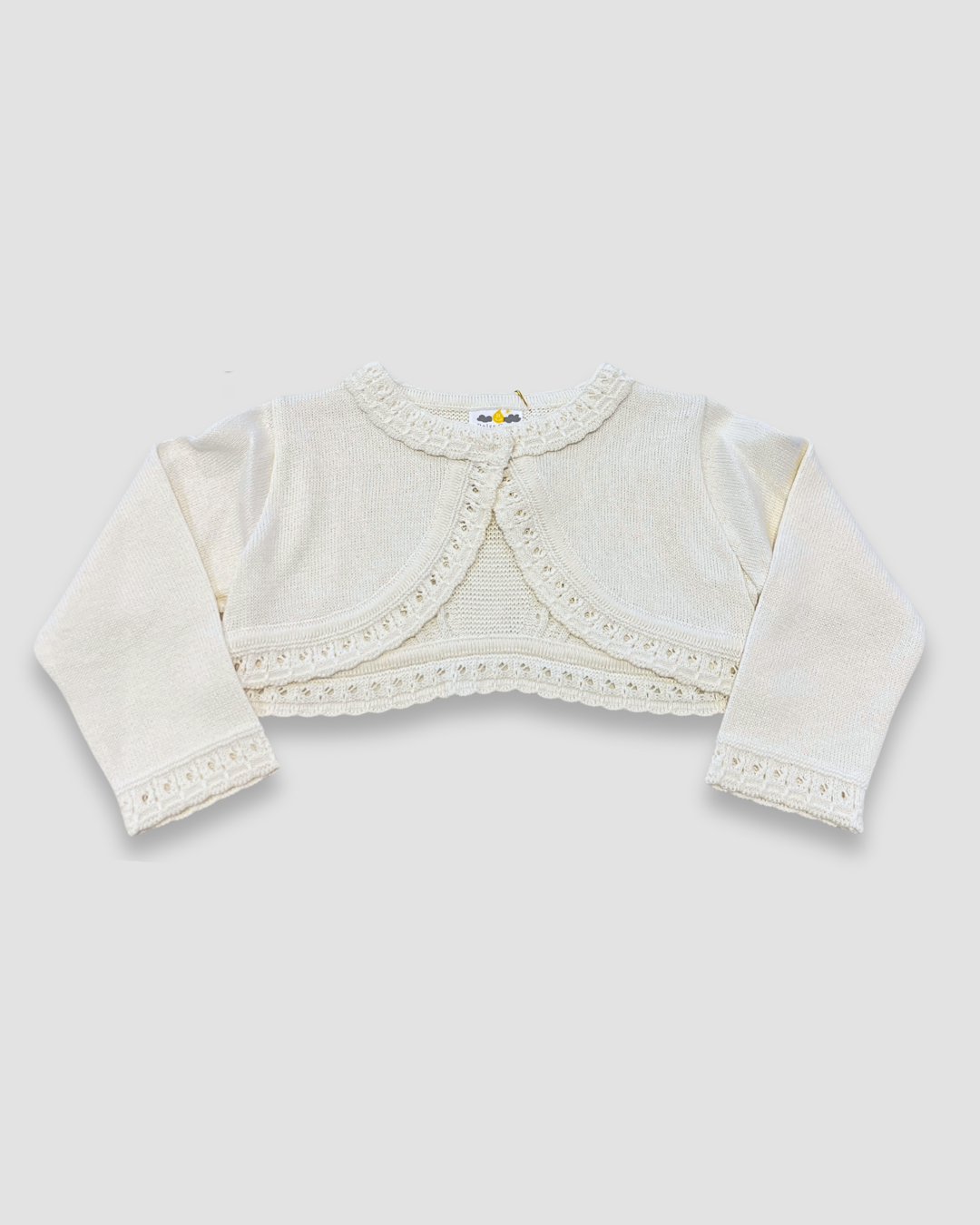 girls knit bolero sweater Expressions Boutique NY, ivory communion cardigan, white crochet trim shrug, elegant baby bolero sweater, boutique special occasion cover-up
