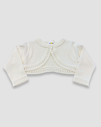 girls knit bolero sweater Expressions Boutique NY, ivory communion cardigan, white crochet trim shrug, elegant baby bolero sweater, boutique special occasion cover-up
