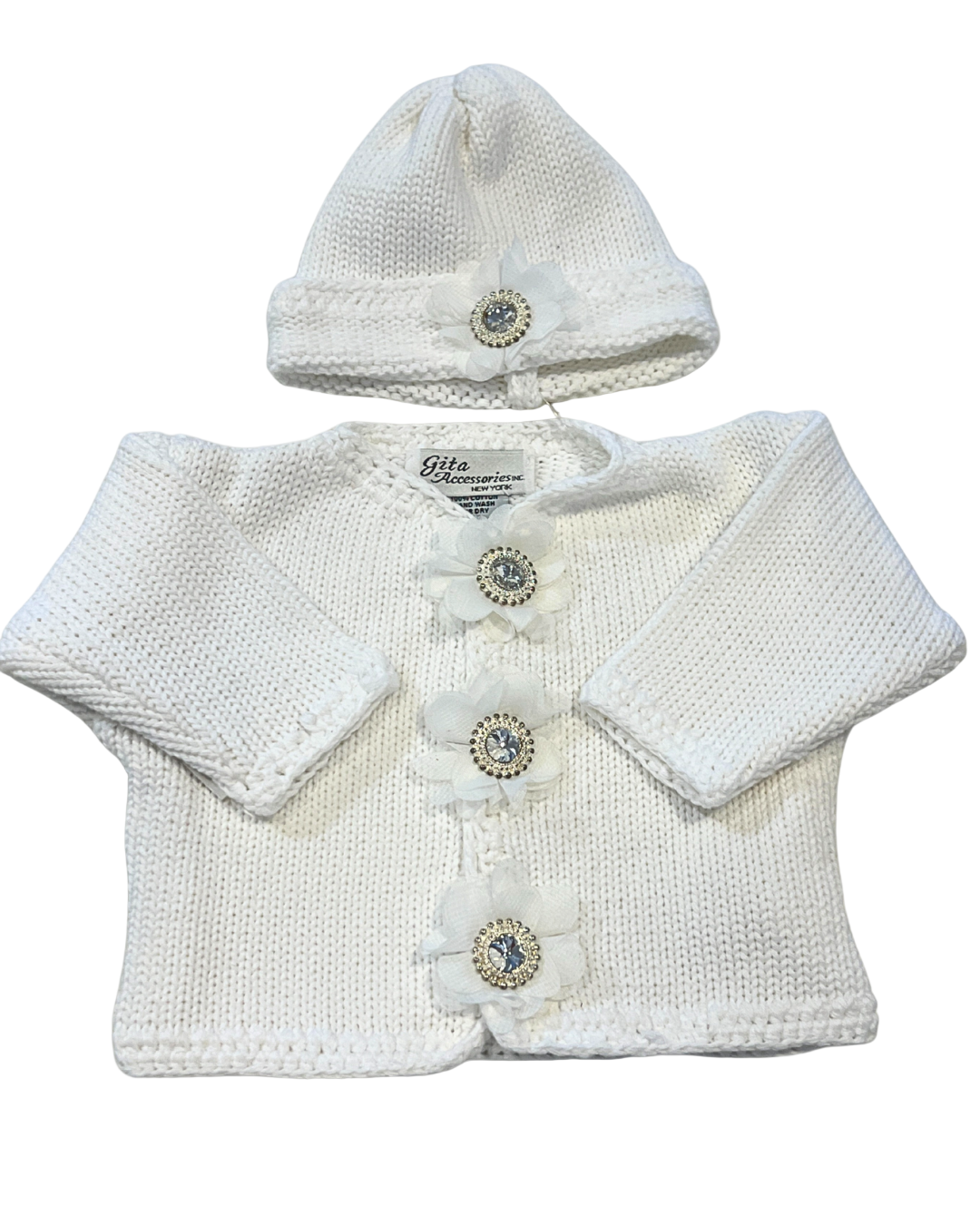 girls white knit cardigan set, boutique baby girl cardigan hat set, toddler girls white crystal sweater, boutique infant girls knitwear Expressions Boutique NY, baby girl christening cardigan set, toddler girls white knit outfit, girls rhinestone button cardigan, boutique knit cardigan with hat girls, baby girl special occasion knitwear, white knit sweater baby girl boutique