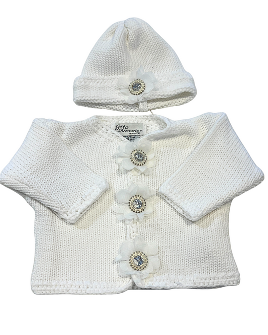 girls white knit cardigan set, boutique baby girl cardigan hat set, toddler girls white crystal sweater, boutique infant girls knitwear Expressions Boutique NY, baby girl christening cardigan set, toddler girls white knit outfit, girls rhinestone button cardigan, boutique knit cardigan with hat girls, baby girl special occasion knitwear, white knit sweater baby girl boutique