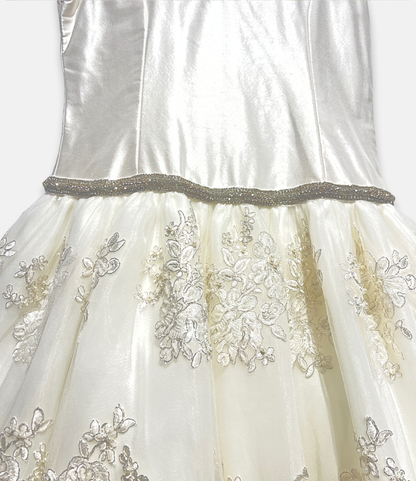 beaded communion dress, ivory satin and tulle dress, boutique girls formal dress, couture communion gown, embroidered lace flower girl dress, white communion bow back dress, luxury girls special occasion dress, Expressions Boutique NY, elegant first communion outfit, girls couture event wear