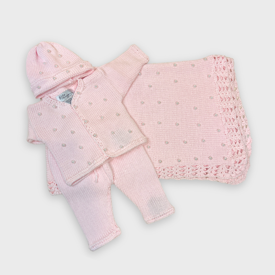 2pc Pink Cotton Sweater w Pearls & Hat