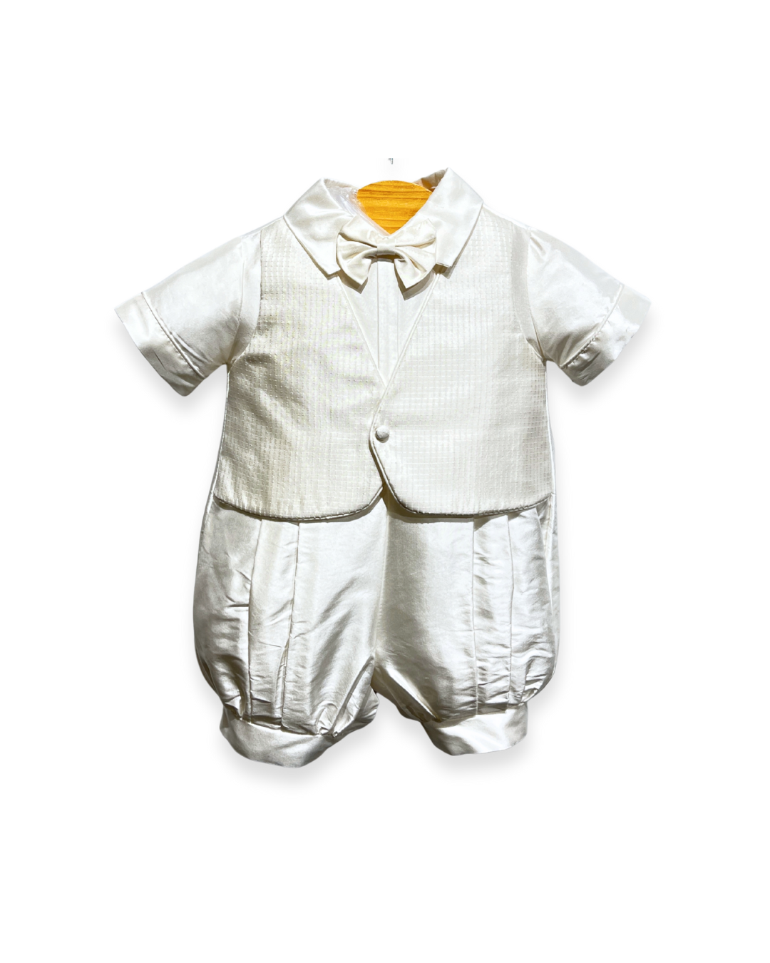 silk christening romper Expressions Boutique NY, short sleeve knicker set, baby boy silk baptism outfit, ivory romper with bowtie, boutique christening wear Long Island, champagne trim baptism romper