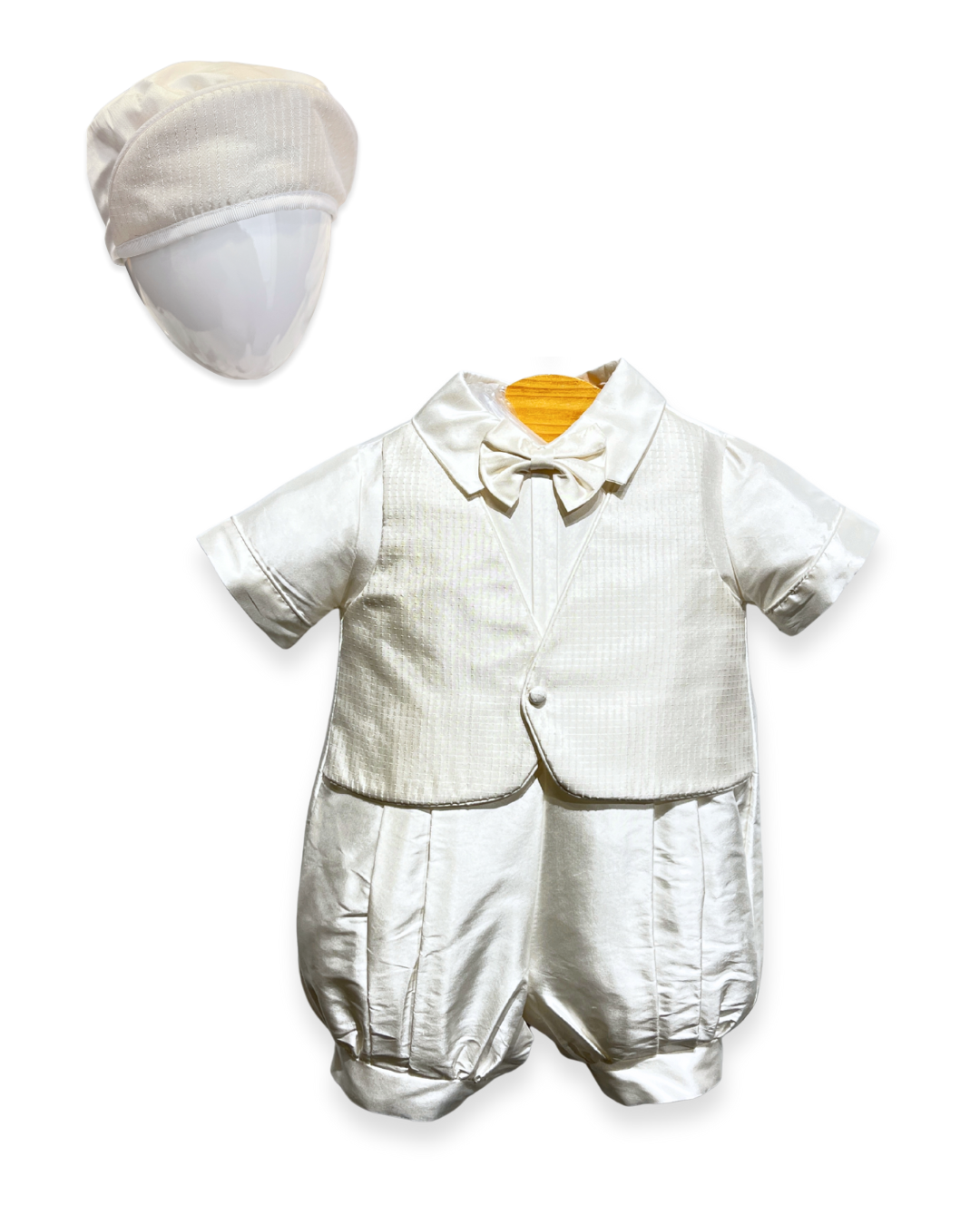 silk christening romper Expressions Boutique NY, short sleeve knicker set, baby boy silk baptism outfit, ivory romper with bowtie, boutique christening wear Long Island, champagne trim baptism romper
